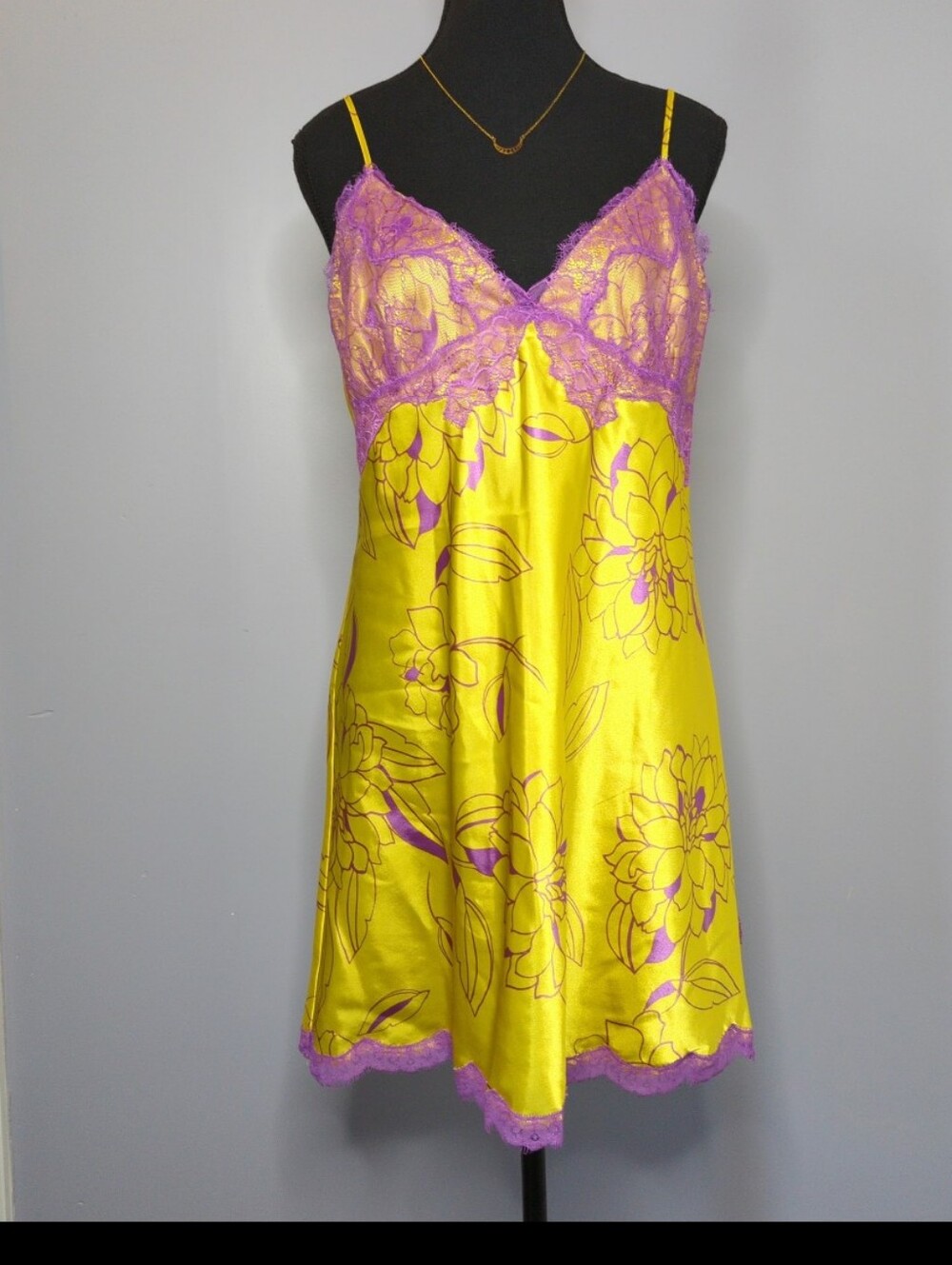 Vintage La Senza Y2K Floral Satin Lace Slip Dress Yellow Purple Size L